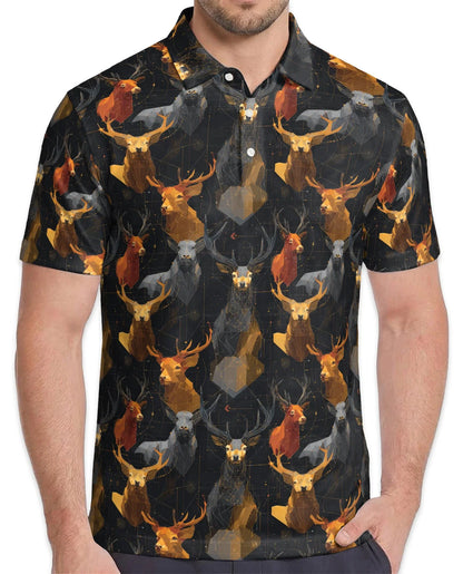 Geometric Deer Polo Shirt for Men, Modern Wildlife Style | Azhawaiian