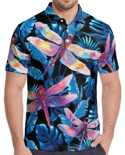 Dragonfly Blue Tropical Polo Shirt for Men, Island Nature Style | Azhawaiian