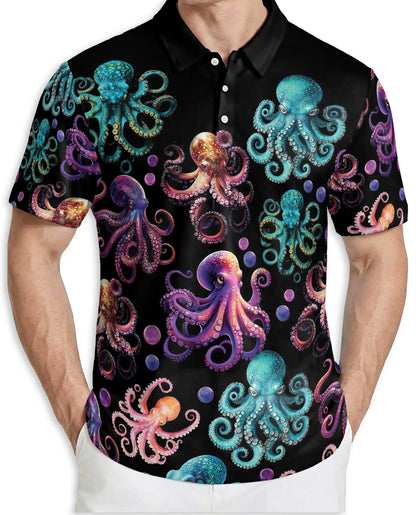 Colorful Octopus Ocean 3D Polo Shirt for Men, Neon Sea Creature Style | Azhawaiian