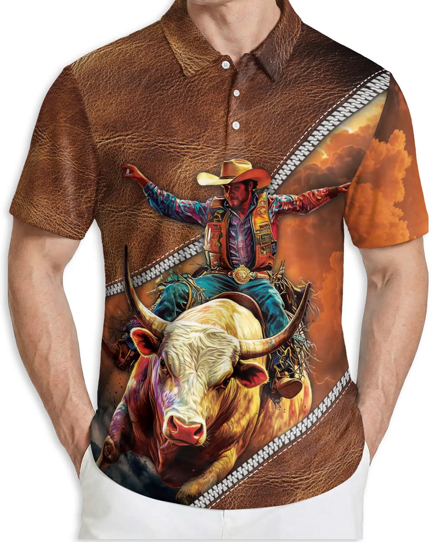 Cowboy Bull Riding 3D Polo Shirt for Men, Western Rodeo Ranch Style | Azhawaiian
