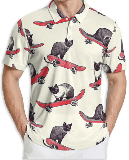 Skateboarding Cat Polo Shirt, Funny Cat Print | Azhawaiian