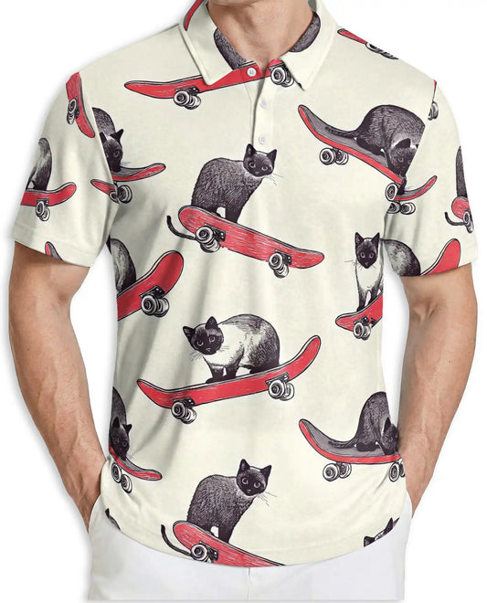 Skateboarding Cat Polo Shirt, Funny Cat Print | Azhawaiian
