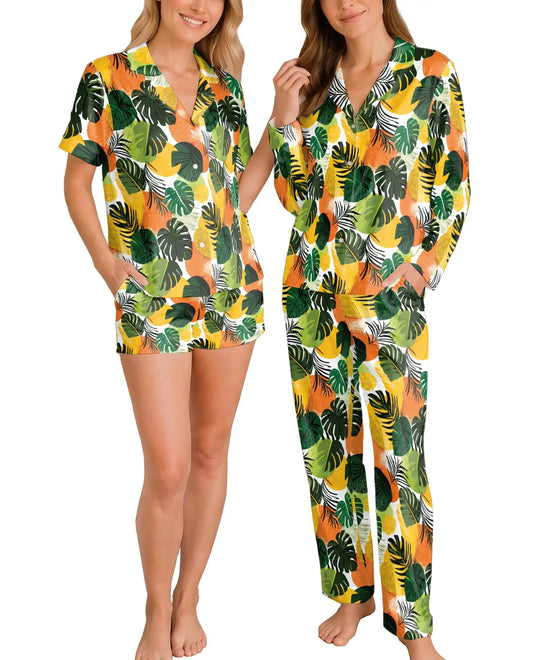 Tropical Leaf Pajama Set for Women – Monstera & Palm Leaves Print