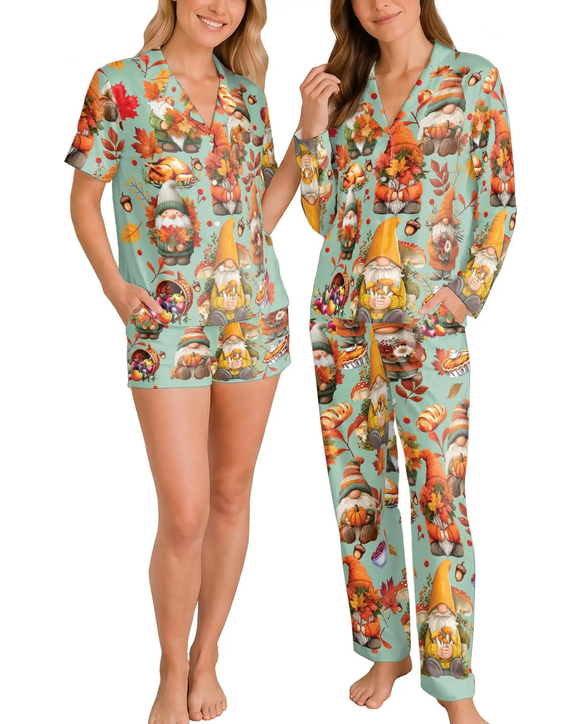 Thanksgiving Gnome Pajama Set for Women – Fall Pumpkins & Autumn Leaves Print