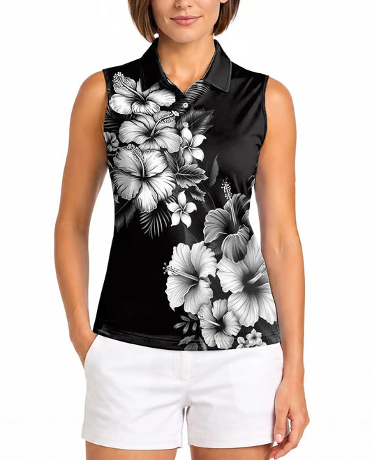 Black And White Hibiscus Polynesian Sleeveless Polo Shirt for Women | Azhawaiian