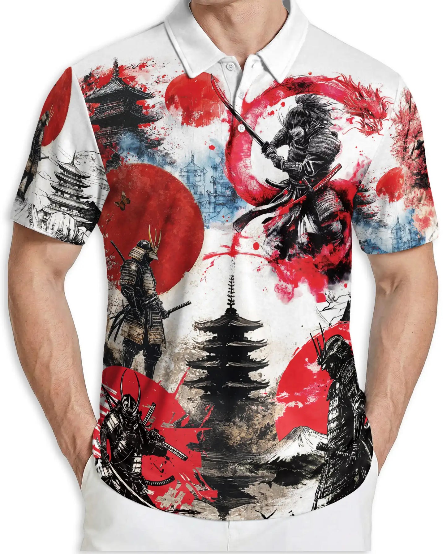 Japanese Samurai Dragon 3D Polo Shirt for Men, Warrior Mythology Art Style | Azhawaiian