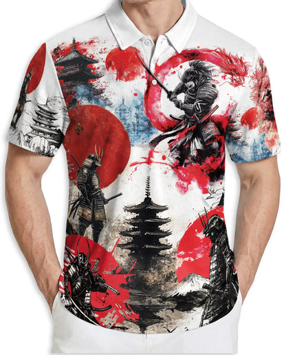 Japanese Samurai Dragon 3D Polo Shirt for Men, Warrior Mythology Art Style | Azhawaiian