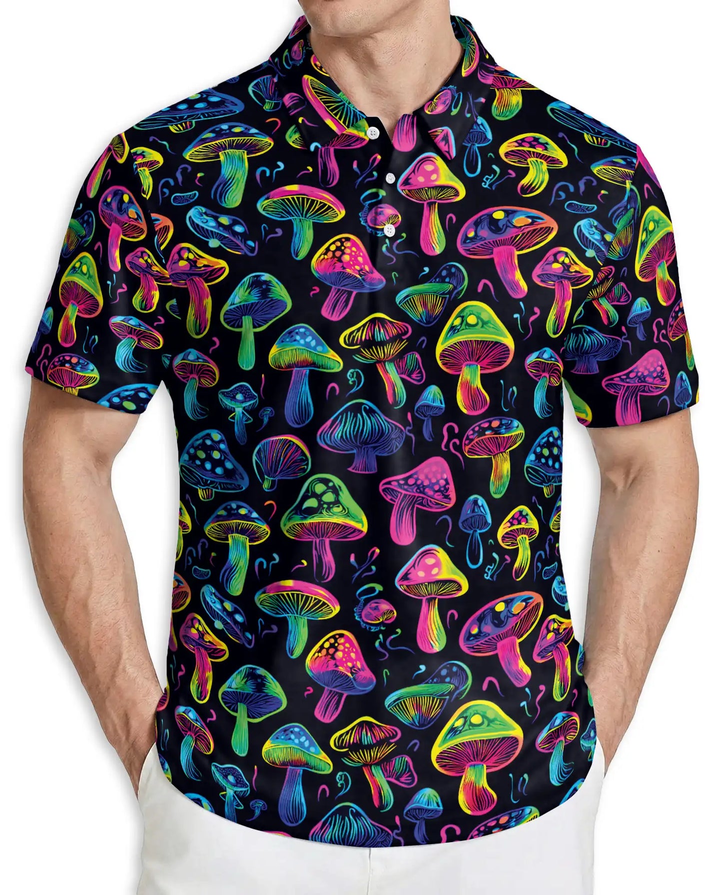 Neon Mushroom Pattern Hawaiian Polo Shirt | Azhawaiian