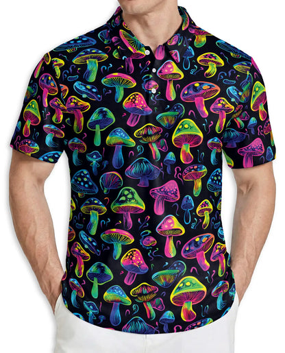 Neon Mushroom Pattern Hawaiian Polo Shirt | Azhawaiian