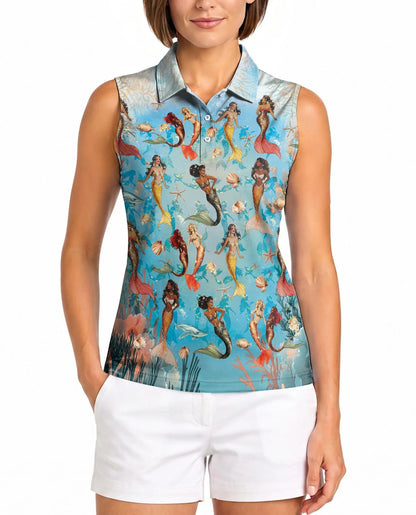 Mermaid Sea Horse Coral Reef Sleeveless Polo Shirt for Women | Azhawaiian