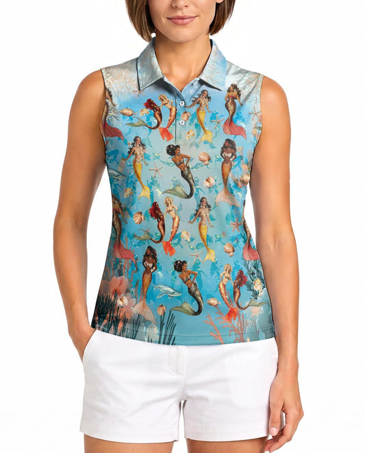 Mermaid Sea Horse Coral Reef Sleeveless Polo Shirt for Women | Azhawaiian