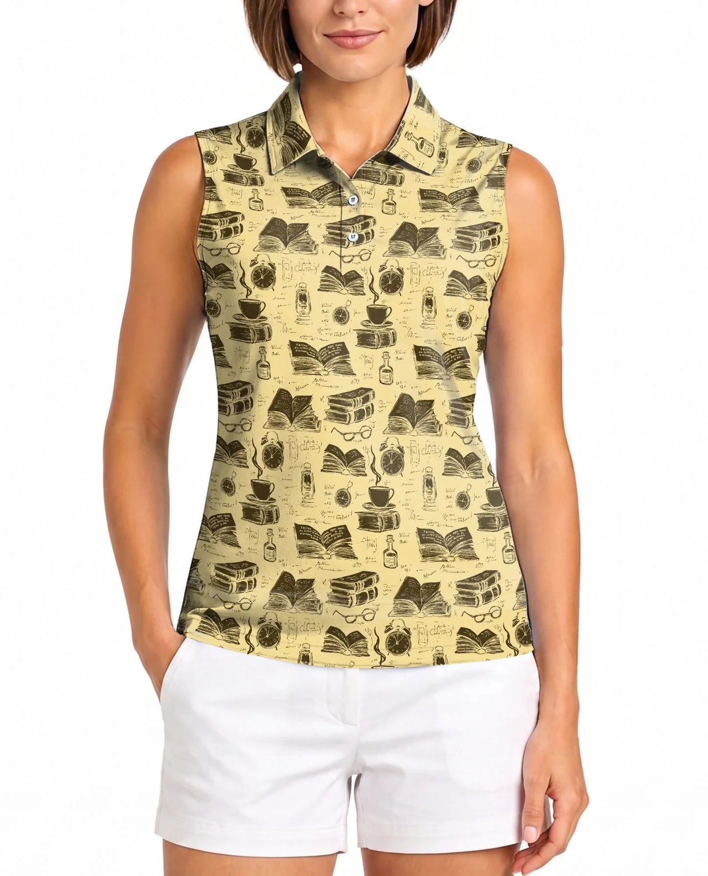 Book Pattern Sleeveless Polo Shirt for Women | Azhawaiian