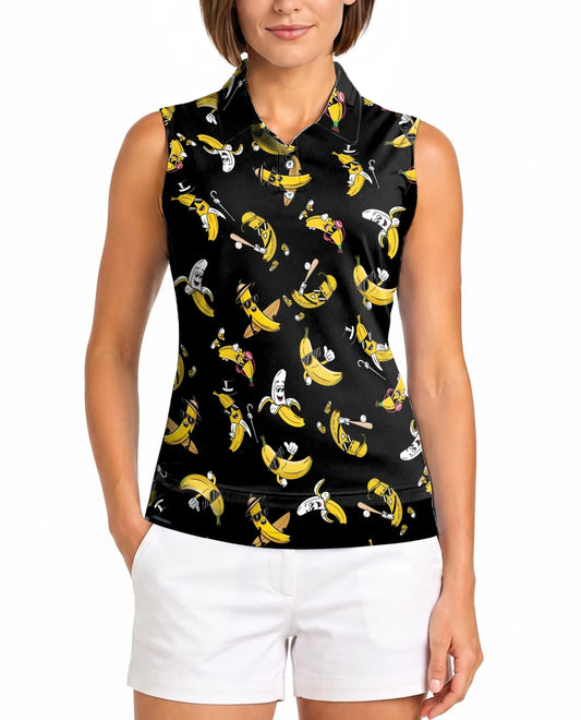 Banana Pattern Sleeveless Polo Shirt for Women | Azhawaiian