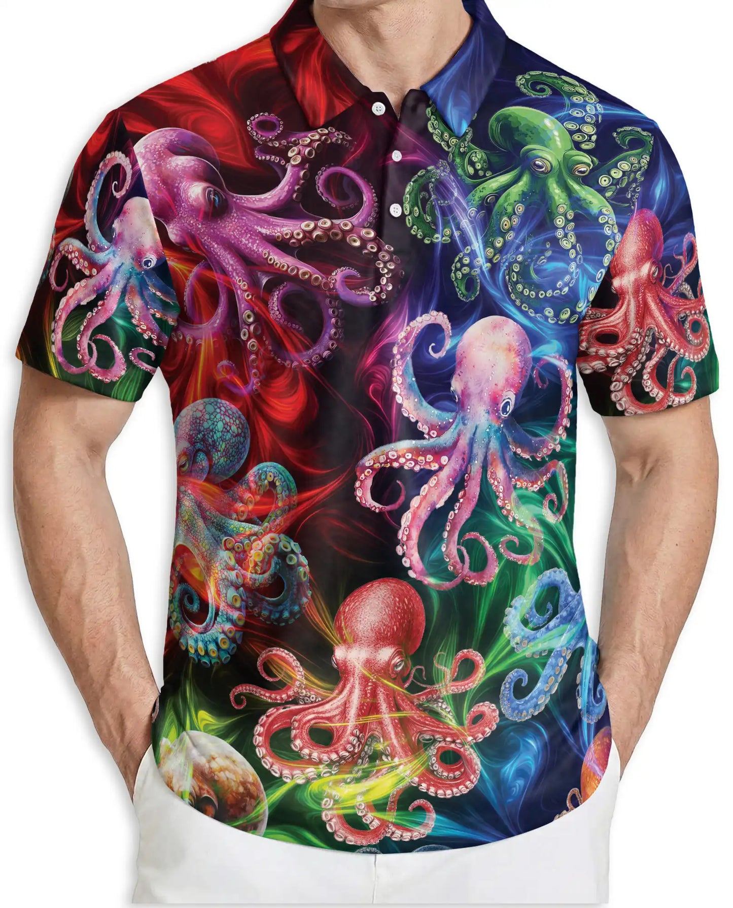 Colorful Octopus 3D Polo Shirt for Men, Tropical Ocean Style | Azhawaiian