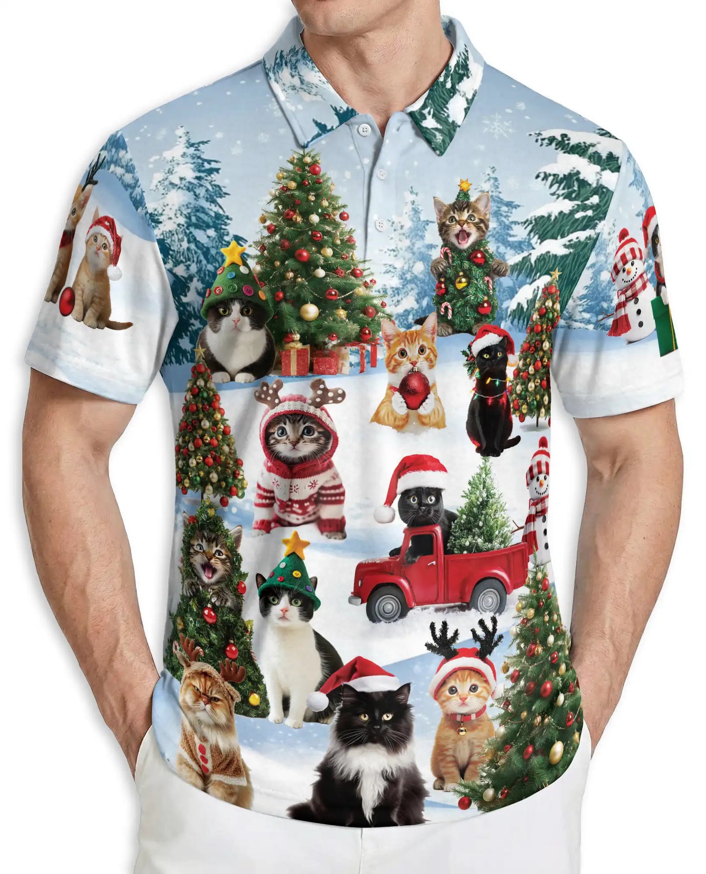 Cute Cat Christmas Polo Shirt for Men | Azhawaiian