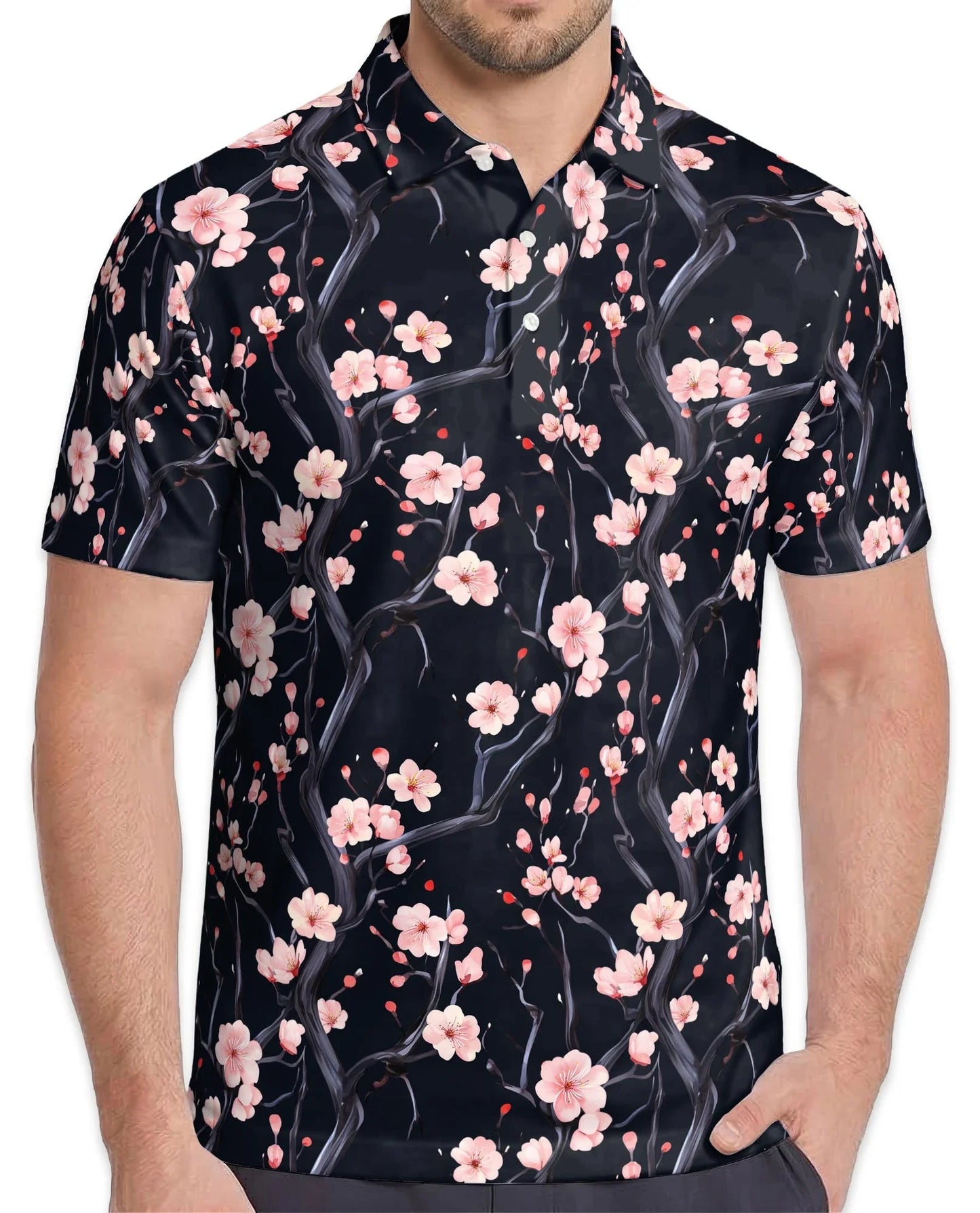 Japanese Floral Polo Shirt for Men, Elegant Sakura Art Style | Azhawaiian