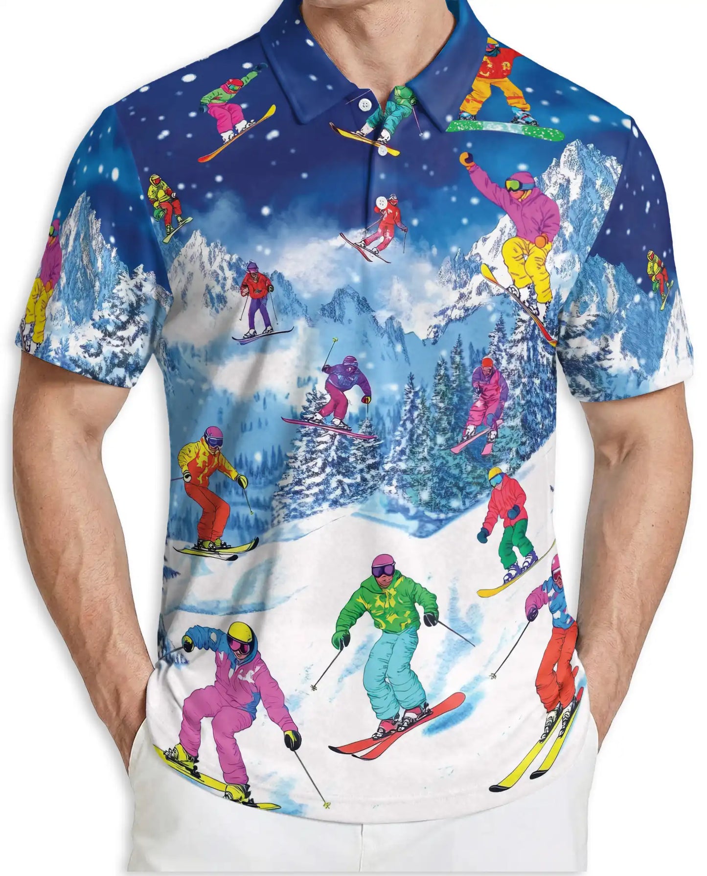 Colorful Skiing 3D Polo Shirt for Men, Winter Mountain Sports Style | Azhawaiian