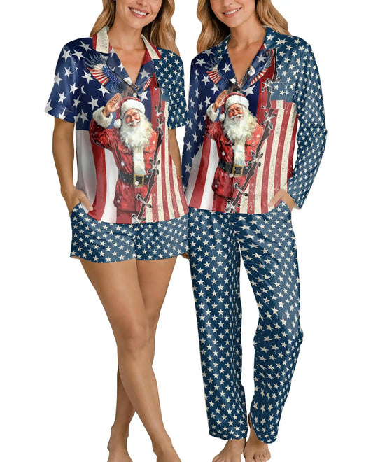 Patriotic Santa Christmas Pajama Set for Women, American Flag Holiday Sleepwear