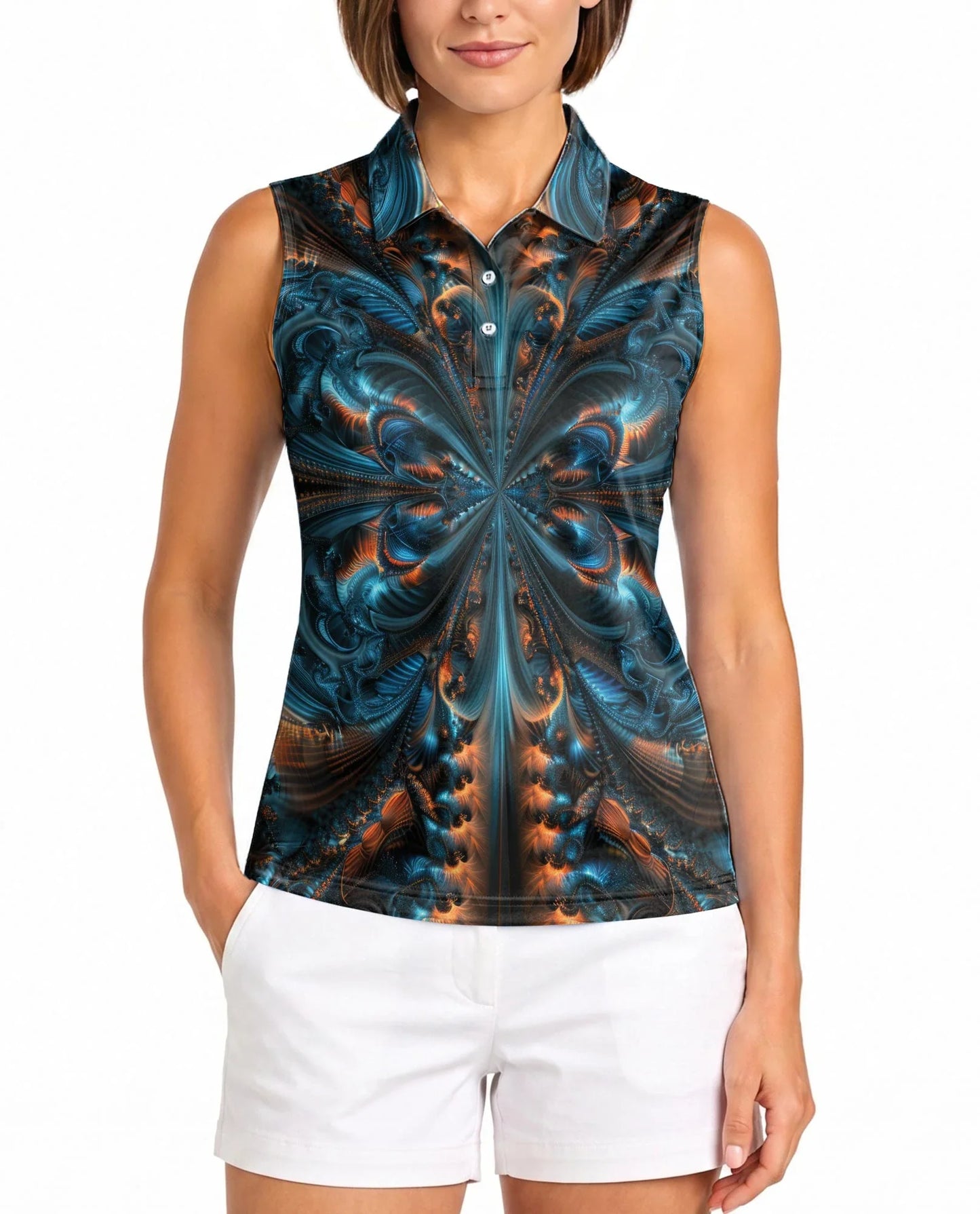 Fractal Art Pattern Sleeveless Polo Shirt for Women | Azhawaiian