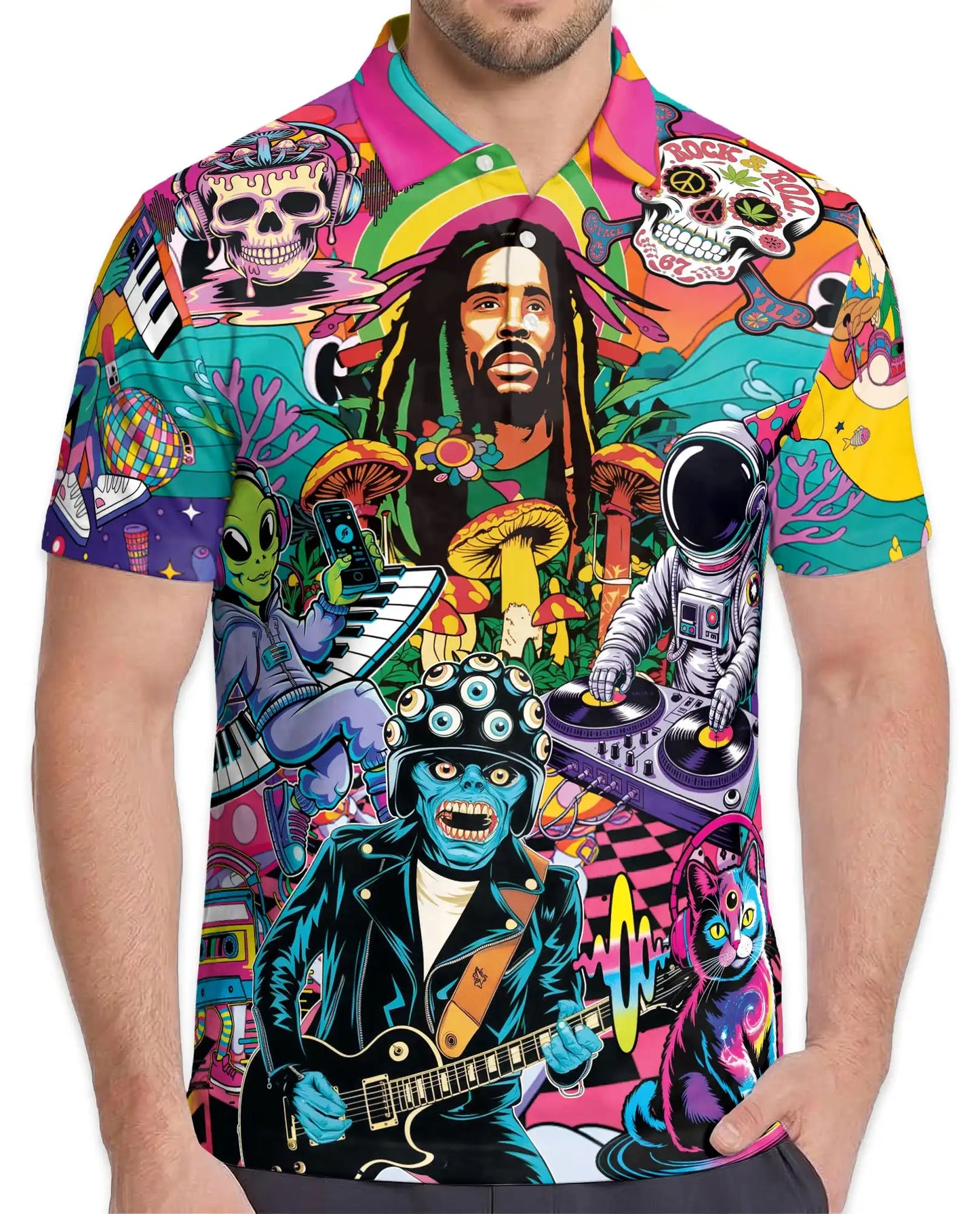 Psychedelic Music Polo Shirt - Retro Hippie Festival Style | Azhawaiian