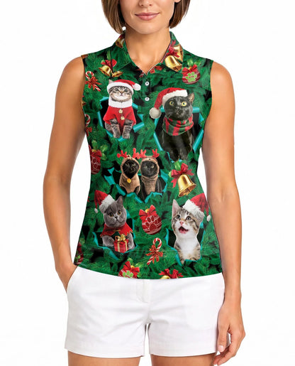 Cats Christmas Sleeveless Polo Shirt for Women, Cute Holiday Style | Azhawaiian
