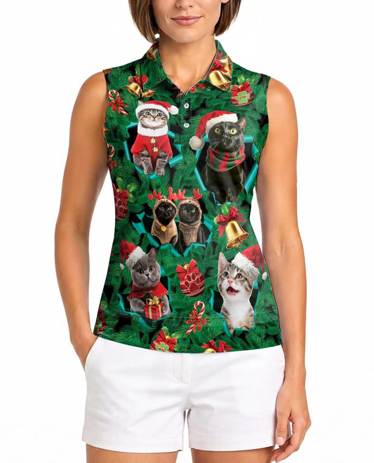 Cats Christmas Sleeveless Polo Shirt for Women, Cute Holiday Style | Azhawaiian