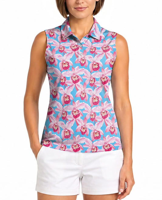Pink Orchids Blue Sky Sleeveless Polo Shirt for Women, Tropical Floral Style | Azhawaiian