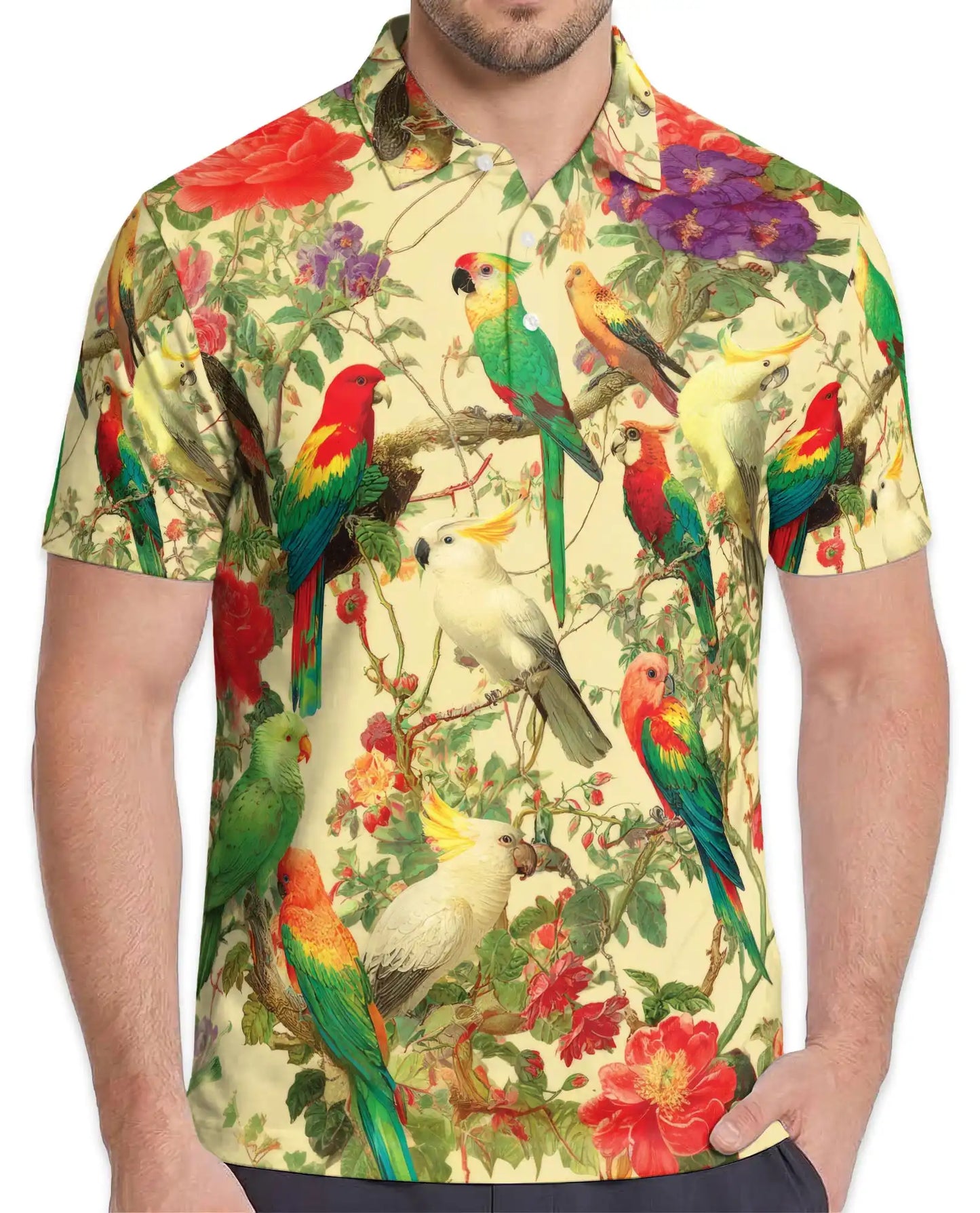 Tropical Birds Polo Shirt for Men, Colorful Parrot Print | Azhawaiian