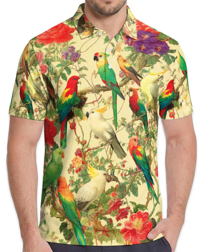 Tropical Birds Polo Shirt for Men, Colorful Parrot Print | Azhawaiian
