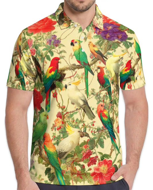 Tropical Birds Polo Shirt for Men, Colorful Parrot Print | Azhawaiian