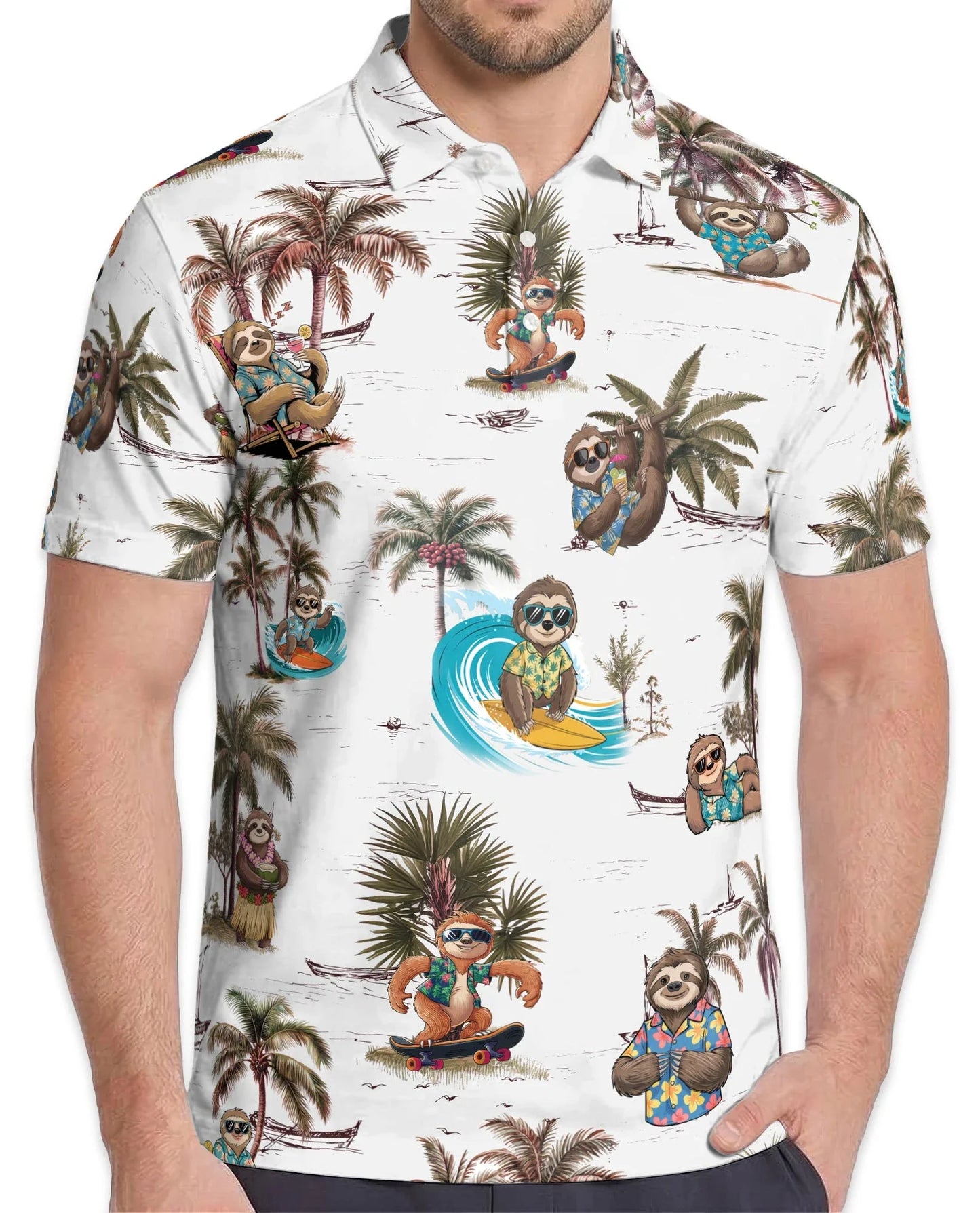 Funny Sloth Summer Beach Polo Shirt for Men, Tropical Animal Style | Azhawaiian