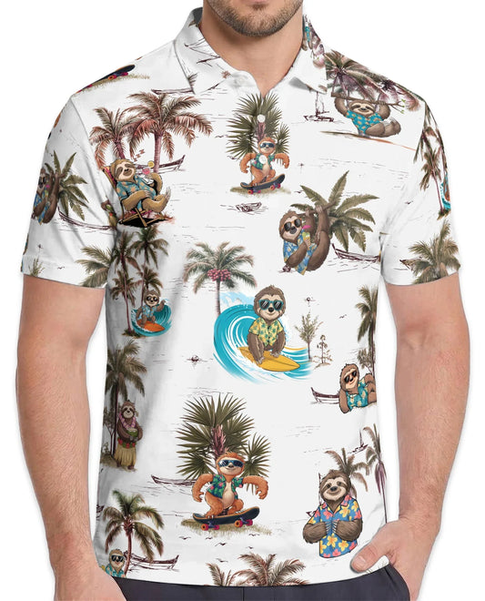 Funny Sloth Summer Beach Polo Shirt for Men, Tropical Animal Style | Azhawaiian