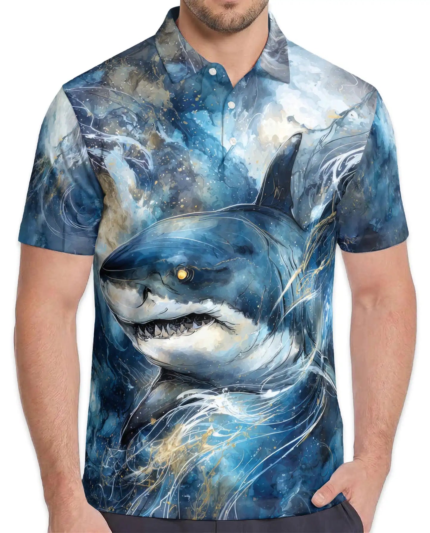 Shark Ocean Adventure Polo Shirt for Men, Dynamic Marine Design | Azhawaiian