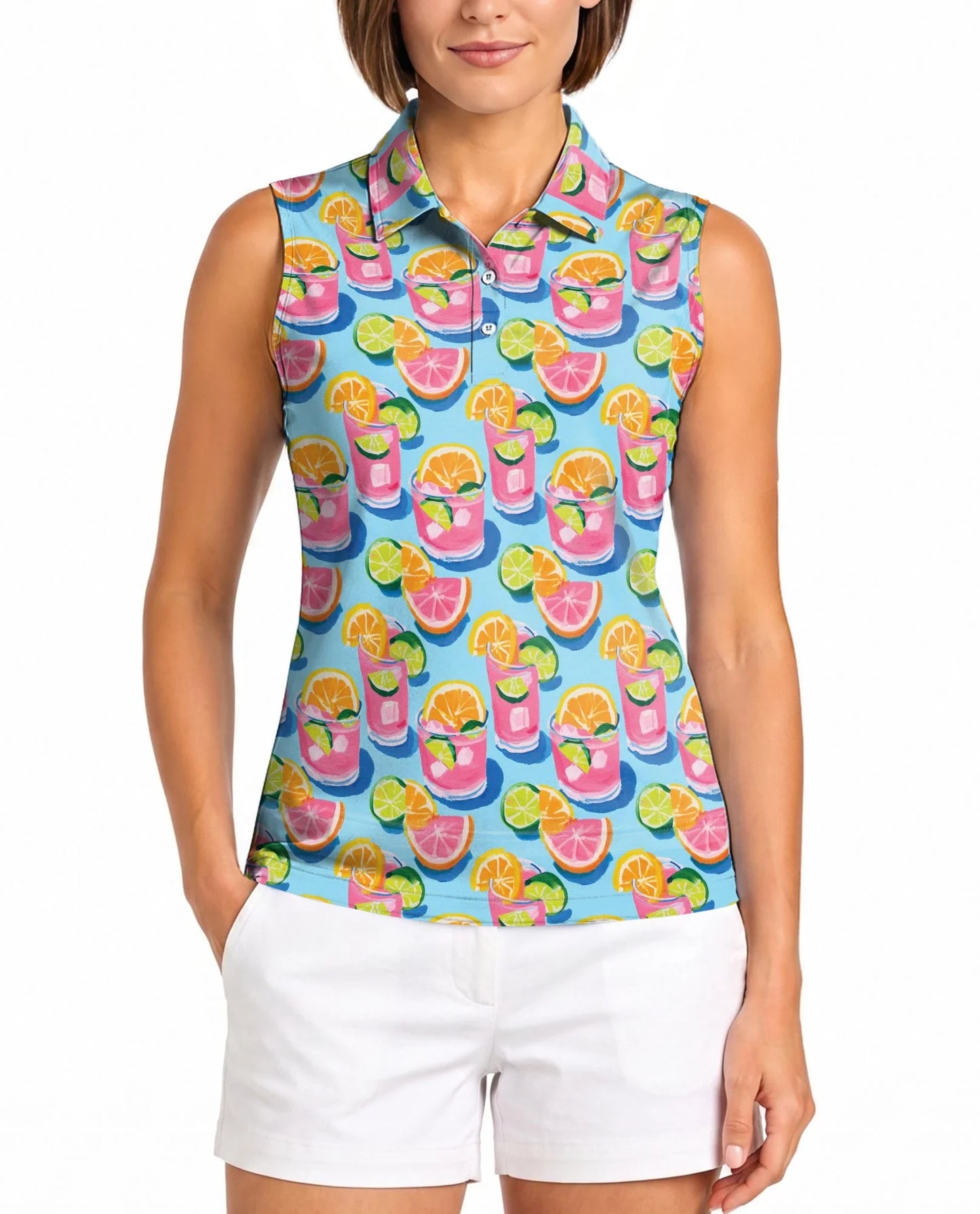 Cocktails Gouache Painting Sleeveless Polo Shirt for Women, Artistic Summer Style | Azhawaiian