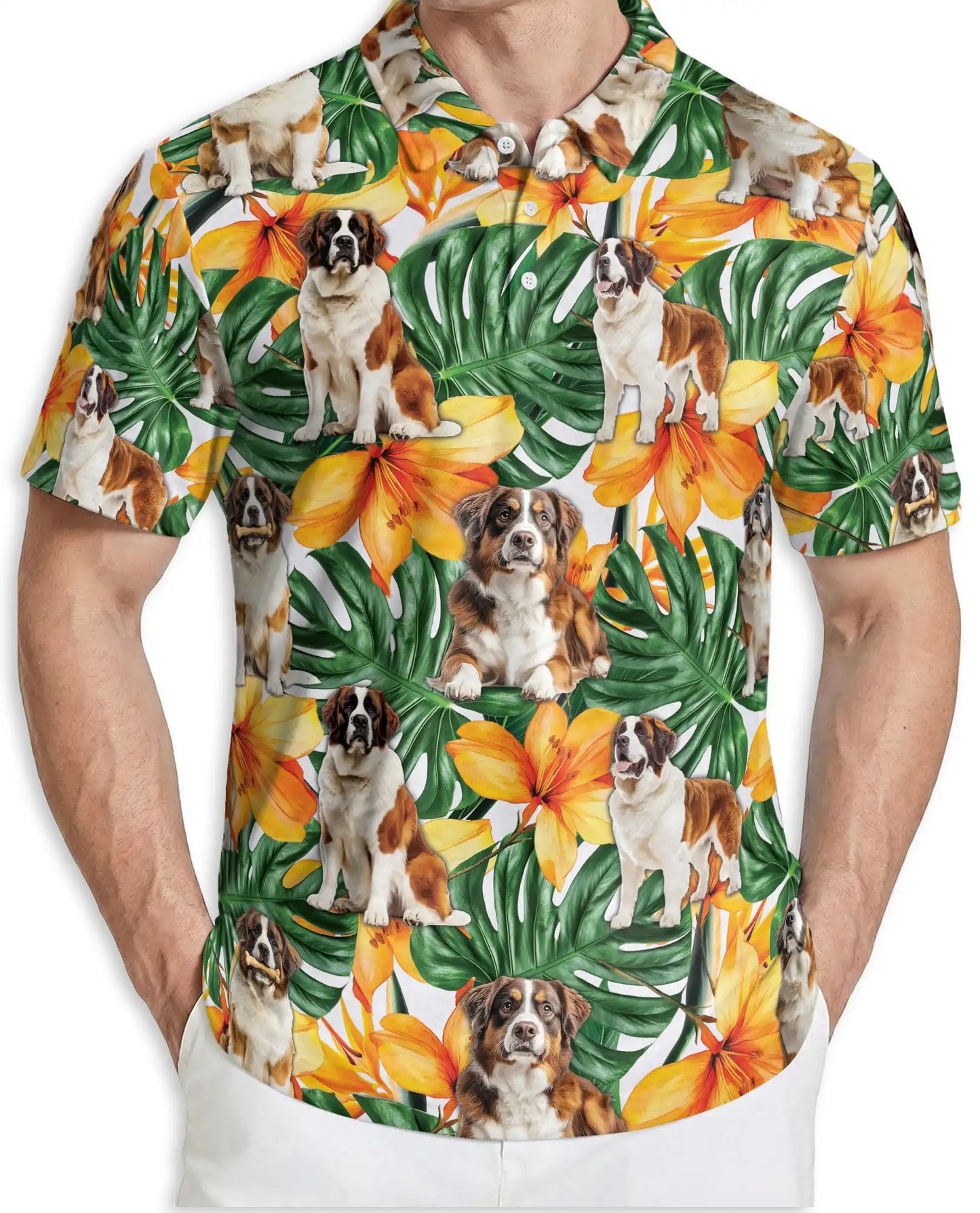 Saint Bernard Polo Shirt, Tropical Floral Dog Print | Azhawaiian