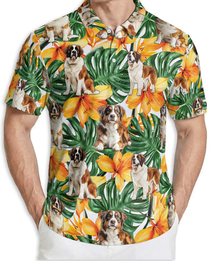 Saint Bernard Polo Shirt, Tropical Floral Dog Print | Azhawaiian