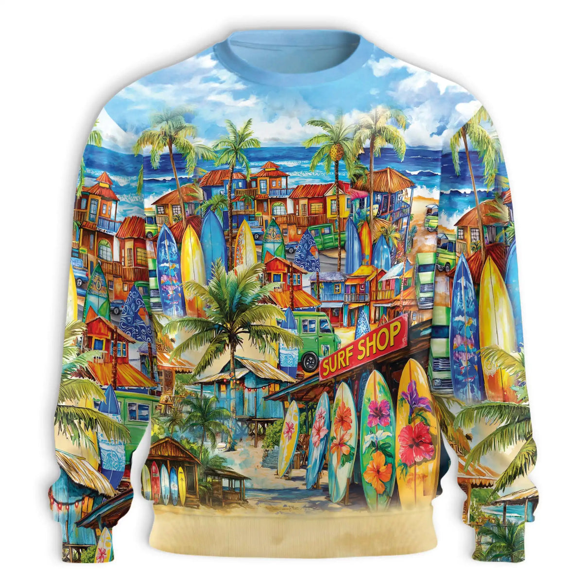 Vintage Surf Shop Beach Scene Pattern Sweatshirt – Vintage 3D All Over Print Design