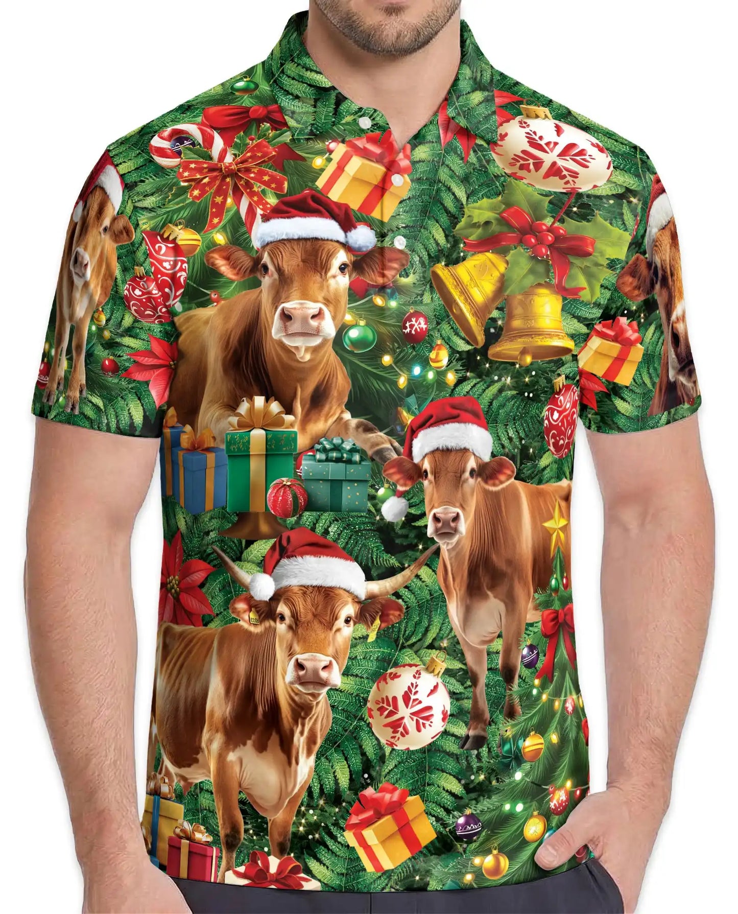 Christmas Cow Farm 3D Polo Shirt for Men, Funny Holiday Ranch Style | Azhawaiian