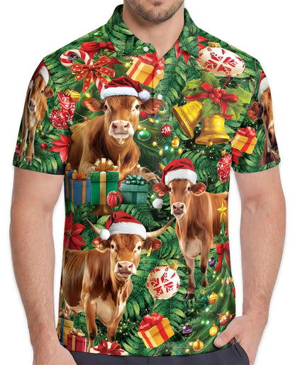 Christmas Cow Farm 3D Polo Shirt for Men, Funny Holiday Ranch Style | Azhawaiian