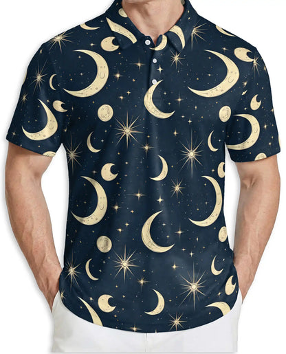 Celestial Moon Polo Shirt- Night Sky Stars Cosmic Print | Azhawaiian