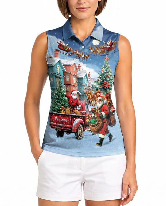 Stay Cool Santa Claus Christmas Sleeveless Polo Shirt for Women | Azhawaiian