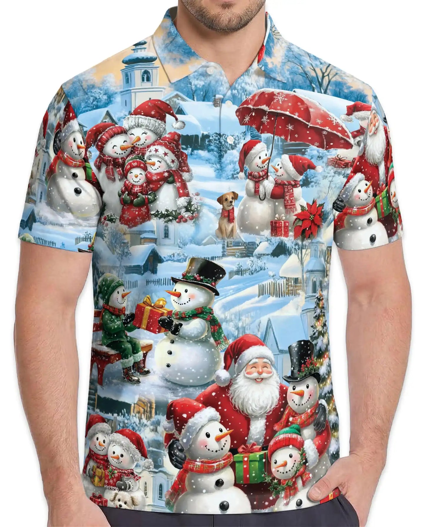 Snowman Christmas Polo Shirt, Winter Holiday Print | Azhawaiian