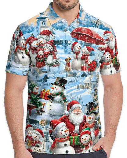 Snowman Christmas Polo Shirt, Winter Holiday Print | Azhawaiian