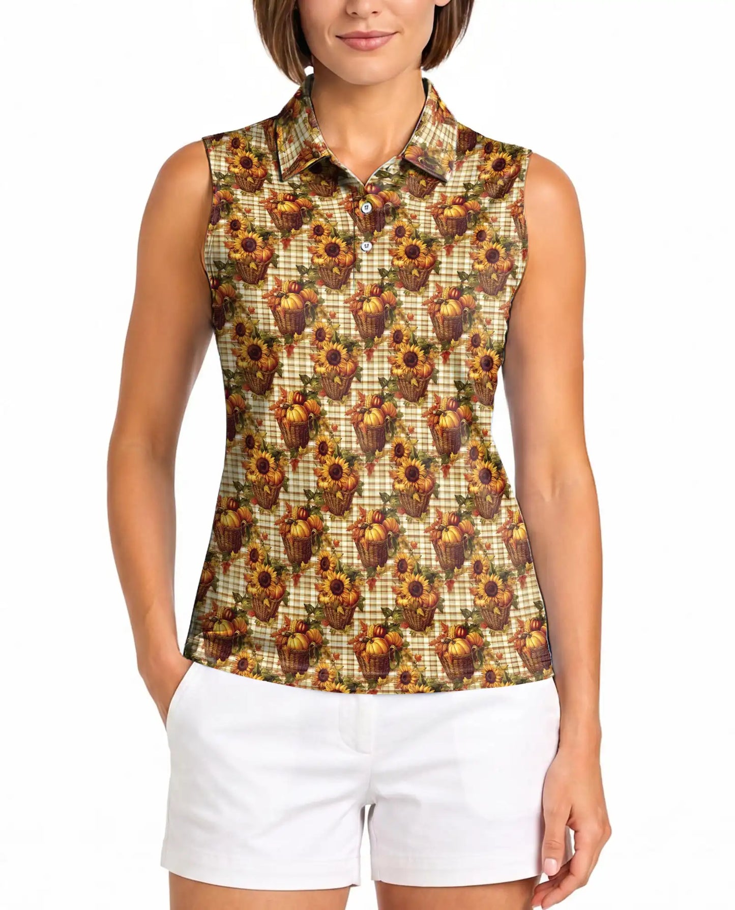 Pumpkin And Sunflower Basket Pattern Sleeveless Polo Shirt for Women  | Azhawaiian
