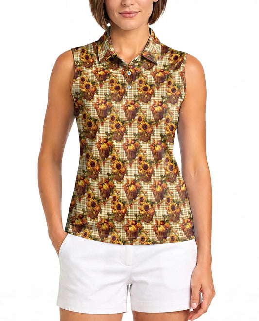 Pumpkin And Sunflower Basket Pattern Sleeveless Polo Shirt for Women  | Azhawaiian