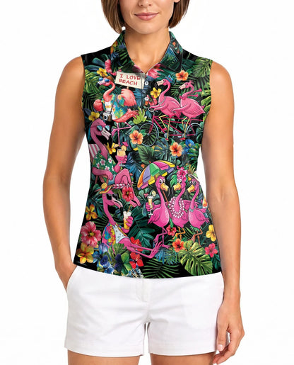 Aloha Flamingo 3D Tropical Sleeveless Polo Shirt for Women | Azhawaiian