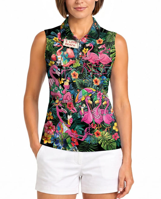 Aloha Flamingo 3D Tropical Sleeveless Polo Shirt for Women | Azhawaiian