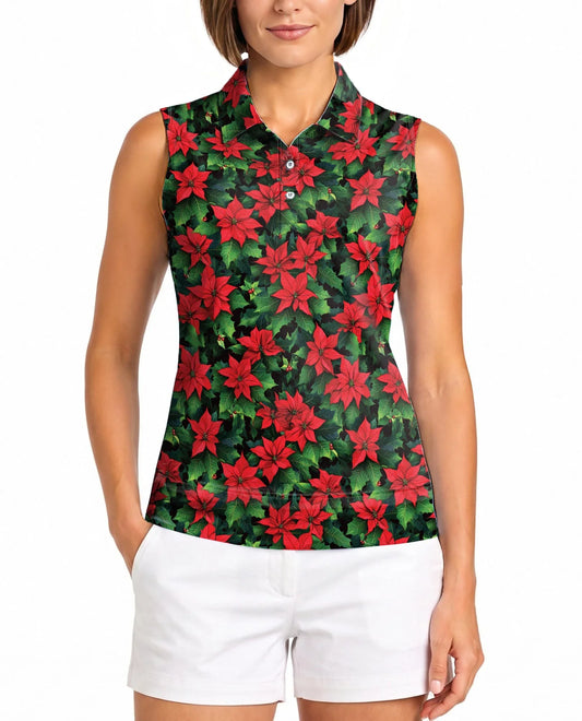 Poinsettia Pattern Sleeveless Polo Shirt for Women | Azhawaiian