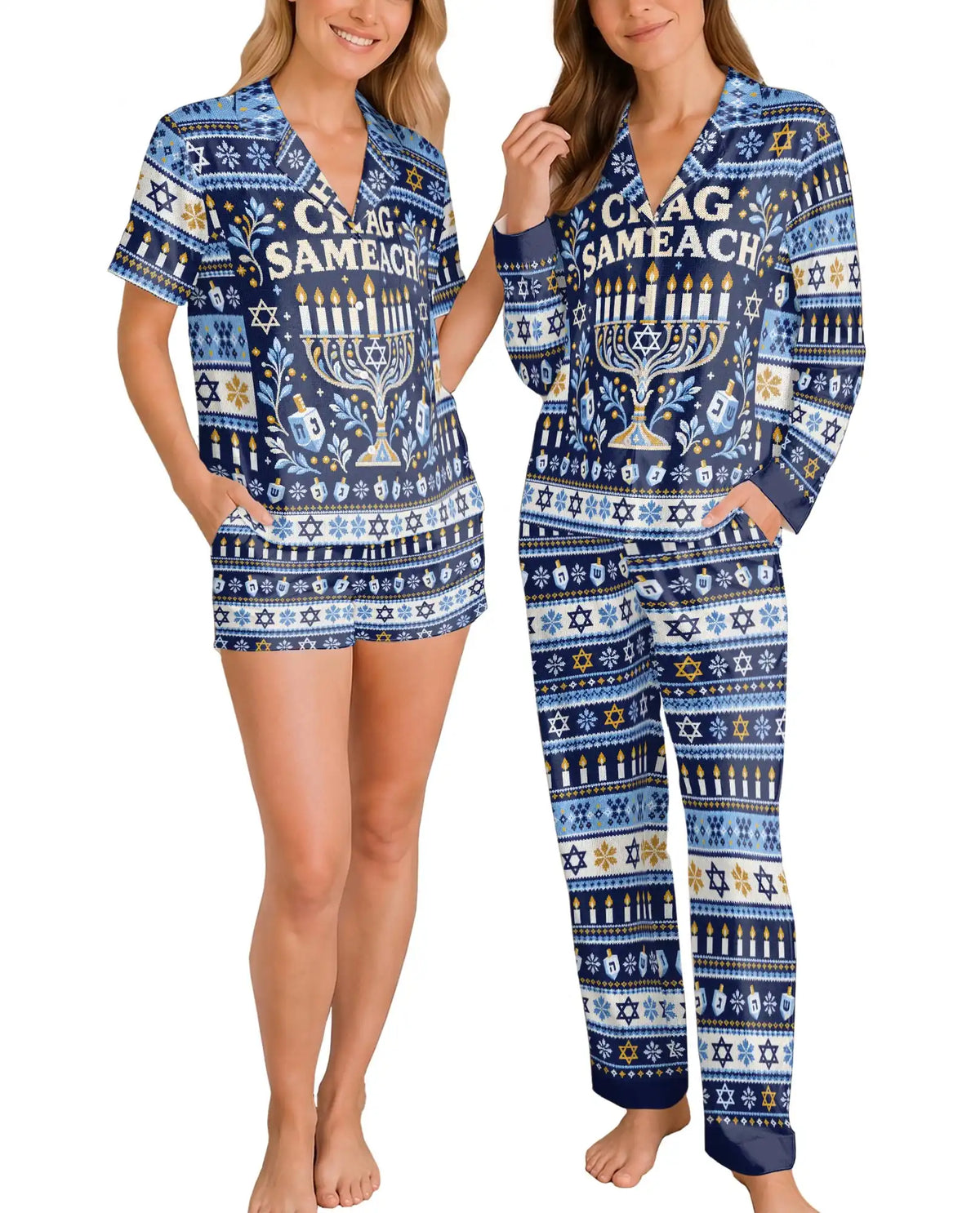 Chag Sameach Hanukkah Pajama Set for Women – Blue Menorah Fair Isle Print
