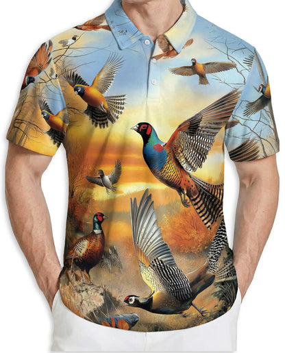 Pheasant Hunting Wildlife 3D Polo Shirt for Men, Rustic Outdoor Nature Style | Azhawaiian